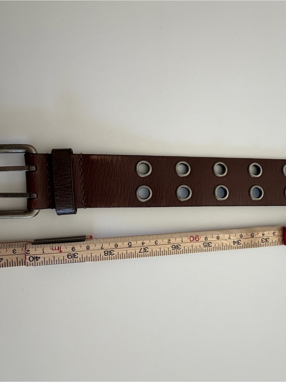 Brown Double Grommet Leather Belt Silver Double Prong Buckle Size M/L - Picture 4 of 5